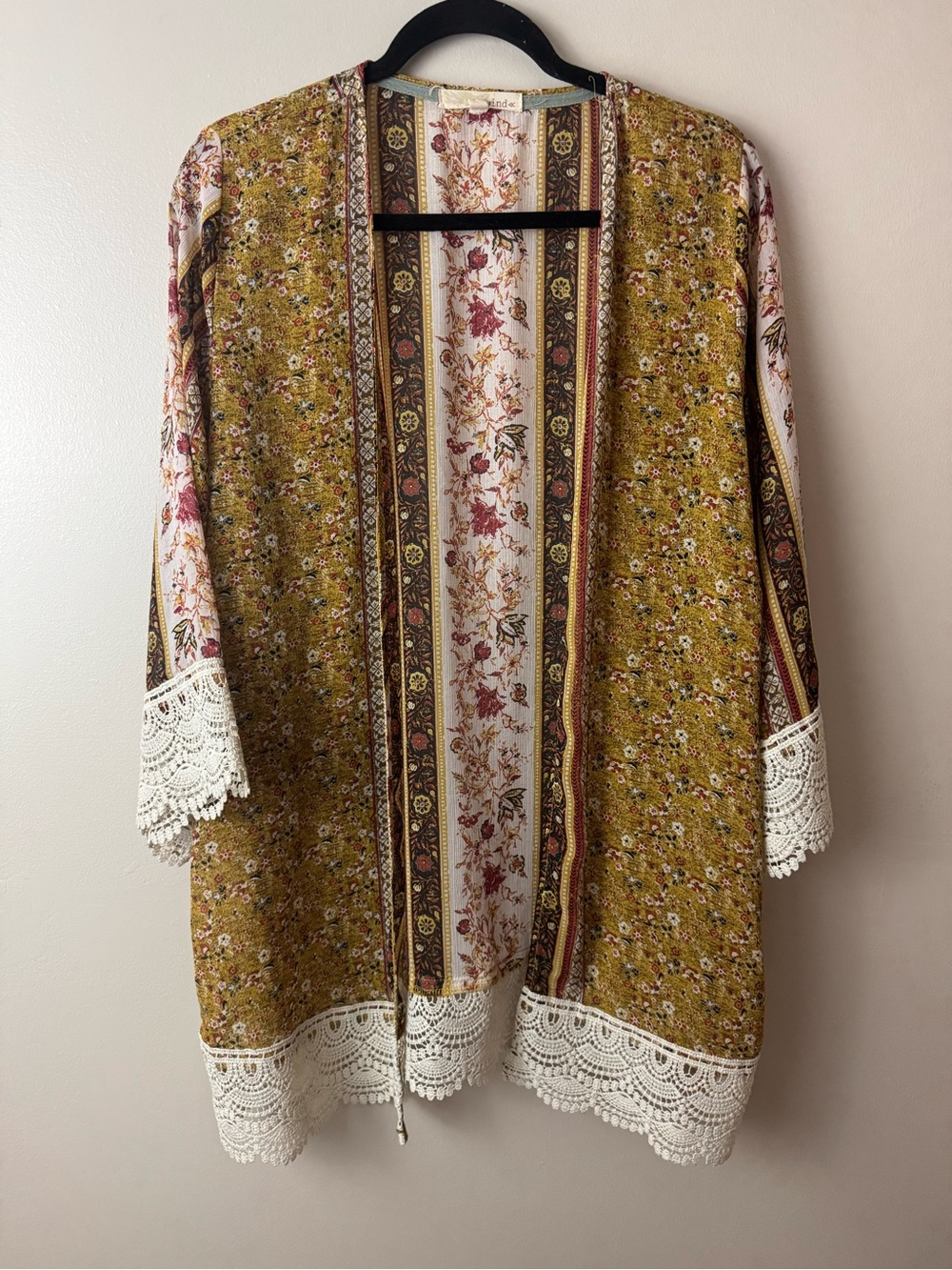 Rewind Mustard Floral Boho Crochet-Trim Kimono Large